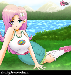 Size: 937x1000 | Tagged: safe, artist:clouddg, imported from derpibooru, fluttershy, equestria girls, legend of everfree, big breasts, breasts, busty fluttershy, camp everfree outfits, clothes, cute, denim skirt, female, grass, human coloration, lake, looking at you, shoes, skirt, socks, solo