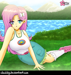 Size: 937x1000 | Tagged: safe, artist:clouddg, imported from derpibooru, fluttershy, equestria girls, legend of everfree, big breasts, breasts, busty fluttershy, camp everfree outfits, clothes, cute, denim skirt, female, grass, lake, looking at you, open mouth, shoes, skirt, socks, solo