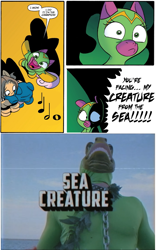 Size: 712x1140 | Tagged: safe, imported from derpibooru, cheerilee, cloverleaf, spoiler:comic, spoiler:comic29, sea creature, southpaw regional wrestling, surprise entrance meme, wrestling, wwe