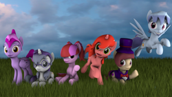 Size: 1920x1080 | Tagged: safe, artist:mythicspeed, deleted from derpibooru, imported from derpibooru, oc, oc only, oc:beamlight, oc:glass sight, oc:rose valentine, oc:ruby brush, oc:star wand, oc:tailmix, earth pony, pegasus, pony, unicorn, 3d, clothes, female, flying, grass, hat, mare, prone, source filmmaker, top hat