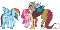 Size: 1024x518 | Tagged: safe, artist:benji-boi, imported from derpibooru, discord, pinkie pie, rainbow dash, pony, blushing, discopie, female, male, shipping, simple background, straight, transparent background