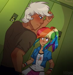 Size: 1129x1155 | Tagged: safe, artist:artistcoolpony, imported from derpibooru, dumbbell, rainbow dash, human, equestria girls, bracelet, dark skin, dumbdash, female, human coloration, humanized, jewelry, locker, lockers, male, shipping, straight, wristband