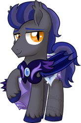 Size: 462x700 | Tagged: safe, artist:tambelon, imported from derpibooru, oc, oc only, oc:evening overture, bat pony, pony, armor, male, night guard, raised leg, solo, stallion, watermark