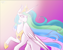 Size: 1002x802 | Tagged: safe, artist:minelvi, artist:rainbowstormreal, imported from derpibooru, princess celestia, pony, bipedal, collaboration, crown, female, jewelry, peytral, regalia, solo