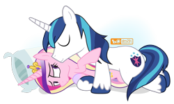 Size: 1200x720 | Tagged: safe, artist:dm29, imported from derpibooru, princess cadance, shining armor, duo, female, husband and wife, male, patreon, patreon logo, shiningcadance, shipping, simple background, snuggling, straight, transparent background, unshorn fetlocks