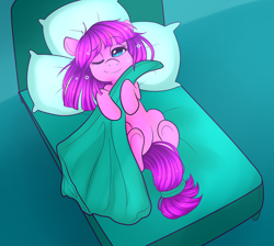 Size: 1280x1148 | Tagged: safe, artist:ponycide, imported from derpibooru, lily longsocks, earth pony, pony, adorasocks, bed, cute, female, filly, lilydorable, loose hair, morning ponies, solo, waking up