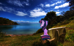 Size: 1920x1200 | Tagged: safe, artist:kysss90, artist:pablomen13, imported from derpibooru, twilight sparkle, unicorn, bench, female, irl, lake, mare, photo, ponies in real life, sitting, solo, vector