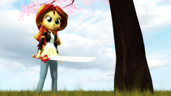 Size: 1920x1080 | Tagged: safe, artist:razethebeast, imported from derpibooru, sunset shimmer, equestria girls, 3d, female, grass field, looking at you, solo, source filmmaker, standing, sword, tree, weapon