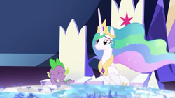 Size: 854x480 | Tagged: safe, imported from derpibooru, screencap, princess celestia, spike, alicorn, dragon, pony, celestial advice, chair, crown, cutie map, eyes closed, flowing mane, friendship throne, horn, jewelry, laughing, regalia, smiling, wings