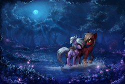 Size: 3259x2188 | Tagged: safe, artist:ramiras, imported from derpibooru, cloudchaser, oc, oc:neostrike, pegasus, pony, canon x oc, commission, duo, female, flower, forest, full moon, looking at each other, male, mare, moon, moonlight, neochaser, night, scenery, scenery porn, shipping, smiling, stallion, straight