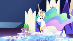 Size: 854x480 | Tagged: safe, imported from derpibooru, screencap, princess celestia, spike, alicorn, dragon, pony, celestial advice, amused, baby, baby dragon, beautiful, bedroom eyes, chair, crown, cutie map, female, flowing mane, friendship throne, grin, horn, jewelry, lidded eyes, looking at each other, mare, regalia, smiling, wings