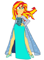 Size: 2274x3083 | Tagged: safe, artist:renthegodofhumor, imported from derpibooru, sunset shimmer, equestria girls, beautiful, boots, clothes, clothes swap, crossover, disney, dress, elsa, female, frozen (movie), gloves, irony, motorcross, not fiery shimmer, shoes, simple background, smiling, smirk, solo, transparent background