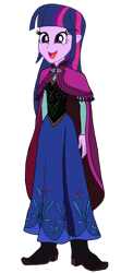 Size: 1648x3380 | Tagged: safe, artist:renthegodofhumor, imported from derpibooru, twilight sparkle, equestria girls, anna, anna (frozen), boots, clothes, clothes swap, crossover, disney, dress, female, frozen (movie), gloves, motorcross, open mouth, shoes, simple background, solo, transparent background