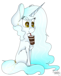 Size: 970x1200 | Tagged: safe, artist:kawurin, artist:pinkpearlmlp, imported from derpibooru, oc, oc only, oc:marshmallow, pony, unicorn, :t, chest fluff, coffee, cup, cute, drinking, ear piercing, earring, female, fluffy, jewelry, levitation, magic, mare, piercing, shoulder fluff, simple background, sitting, solo, straw, tail wrap, telekinesis, traditional art, white background