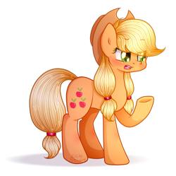 Size: 925x923 | Tagged: safe, artist:pony-ellie-stuart, imported from derpibooru, applejack, blushing, female, raised hoof, simple background, solo, transparent background