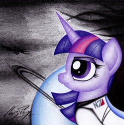 Size: 1689x1697 | Tagged: safe, artist:thechrispony, imported from derpibooru, twilight sparkle, alicorn, pony, crossover, female, mass effect, planet, solo, space, spacesuit, traditional art, twilight sparkle (alicorn), video game