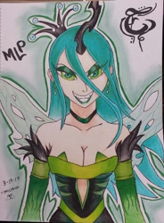 Size: 960x1302 | Tagged: safe, artist:emichaca, imported from derpibooru, queen chrysalis, human, clothes, dress, female, grin, horned humanization, humanized, smiling, solo, winged humanization, wings