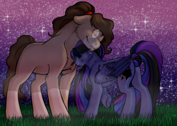 Size: 3300x2344 | Tagged: safe, artist:azraelartz, artist:theecchiqueen, imported from derpibooru, oc, oc only, oc:pandie, oc:walter nutt, earth pony, pegasus, pony, couple, cute, death by coffee, eyes closed, fangs, female, glasses, male, mare, neck nuzzle, night, nuzzling, oc x oc, shipping, size difference, smiling, stallion, starry night, stars, straight