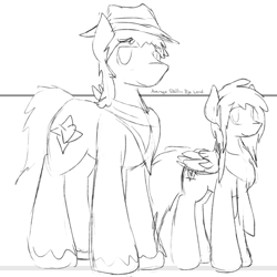 Size: 1135x1137 | Tagged: safe, artist:candel, imported from derpibooru, oc, oc only, oc:candlelight, oc:wanderheart, pony, clothes, cowboy hat, hat, monochrome, neckerchief, scarf, size comparison, size difference, sketch, unshorn fetlocks