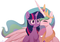 Size: 1280x903 | Tagged: safe, artist:verawitch, deleted from derpibooru, imported from derpibooru, princess celestia, twilight sparkle, alicorn, pony, blushing, cheek kiss, eyes closed, female, kiss on the cheek, kissing, lesbian, shipping, simple background, smiling, twilestia, twilight sparkle (alicorn), white background