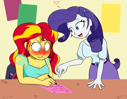 Size: 1688x1316 | Tagged: safe, artist:jase1505, imported from derpibooru, rarity, sunset shimmer, series:sunlight horizons, equestria girls, blushing, duo, heart, implied lesbian, implied scitwishimmer, implied shipping, implied sunsetsparkle, letter, pen, table, wavy mouth