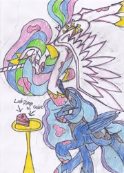 Size: 2425x3366 | Tagged: safe, artist:cuddlelamb, imported from derpibooru, princess celestia, princess luna, alicorn, pony, cake, duo, ear fluff, epic battle, fight, food, frosting, gritted teeth, majestic as fuck, messy, plate, sibling rivalry, simple background, stain, traditional art, white background