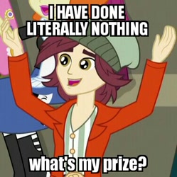 Size: 376x377 | Tagged: safe, edit, edited screencap, imported from derpibooru, screencap, golden hazel, normal norman, paisley, velvet sky, equestria girls, friendship games, arms in the air, background human, boots, cheering, clothes, high heel boots, image macro, jacket, meme, skirt, spazzmaster