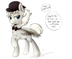 Size: 2292x1869 | Tagged: safe, artist:pucksterv, imported from derpibooru, oc, oc only, oc:murder mystery, pegasus, pony, bowler hat, bowtie, commission, dialogue, female, hat, mare, raised hoof, sassy, signature, simple background, smiling, solo, speech bubble