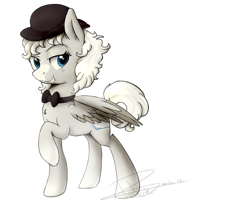 Size: 2292x1869 | Tagged: safe, artist:pucksterv, imported from derpibooru, oc, oc only, oc:murder mystery, pegasus, pony, bowler hat, bowtie, commission, female, hat, mare, raised hoof, sassy, signature, simple background, smiling, solo