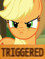 Size: 512x680 | Tagged: safe, edit, edited screencap, imported from derpibooru, screencap, applejack, earth pony, pony, no second prances, season 6, >:c, angry, animated, cropped, cute, cute when angry, female, frown, gif, madorable, meme, seizure warning, shaking, solo, triggered, vibrating