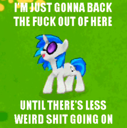 Size: 328x330 | Tagged: safe, edit, imported from derpibooru, dj pon-3, vinyl scratch, pony, unicorn, animated, female, gameloft, gameloft shenanigans, gif, image macro, mare, meme, open mouth, reaction image, reversed, smiling, solo, trotting, trotting in place, vulgar