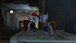 Size: 1920x1080 | Tagged: safe, imported from derpibooru, oc, oc only, oc:blackjack, oc:littlepip, pony, unicorn, fallout equestria, clothes, fallout, fallout 4, fanfic, female, game mod, horn, jumpsuit, mare, pipbuck, plushie, vault suit