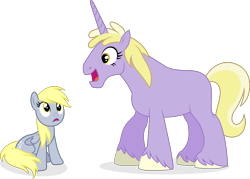 Size: 2020x1447 | Tagged: safe, artist:punzil504, imported from derpibooru, derpy hooves, dinky hooves, pegasus, pony, unicorn, blank flank, eye contact, female, horn, looking at each other, looking up, mare, open mouth, simple background, sitting, smiling, transparent background, unshorn fetlocks, vector, what has magic done, wide eyes