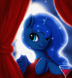 Size: 1200x1300 | Tagged: safe, artist:moondreamer16, imported from derpibooru, princess luna, alcohol, backlighting, beautiful, clothes, crossed hooves, curtains, cute, dress, female, full moon, glass, glow, glowing, looking at you, looking sideways, lunabetes, moon, red dress, smiling, solo, sparkly mane, wine, wine glass