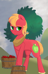 Size: 6600x10200 | Tagged: safe, artist:lula-moonarts, imported from derpibooru, big macintosh, earth pony, pony, absurd resolution, alternate hairstyle, apple, basket, bushel basket, food, male, solo, stallion, younger