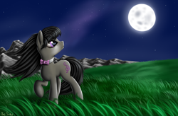 Size: 3800x2500 | Tagged: safe, artist:pony-stark, imported from derpibooru, octavia melody, earth pony, pony, beautiful, draw this again, female, field, full moon, moon, mountain, night, paint tool sai, redraw, solo, windswept mane