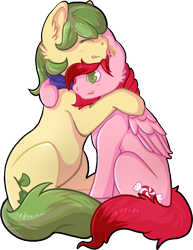 Size: 462x600 | Tagged: safe, artist:yujami, imported from derpibooru, oc, oc only, oc:cotton candy, oc:mossy vine, earth pony, pegasus, pony, cute, gay, hug, male, shipping, stallion