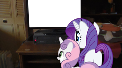 Size: 1696x954 | Tagged: safe, imported from derpibooru, rarity, sweetie belle, butt, buttercup (powerpuff girls), exploitable, irl, photo, plot, ponies in real life, rear view, television, the powerpuff girls