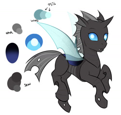 Size: 1570x1503 | Tagged: safe, artist:askbubblelee, imported from derpibooru, oc, oc only, oc:imago, changeling, changeling oc, curved horn, cute, fangs, female, looking at you, mare, raised hoof, reference sheet, simple background, solo, white background