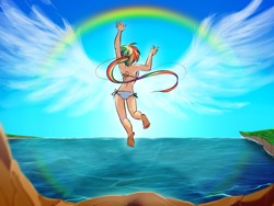 Size: 800x600 | Tagged: safe, artist:satrathai, imported from derpibooru, rainbow dash, human, bikini, clothes, female, flying, humanized, solo, swimsuit