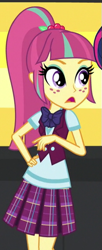 Size: 227x554 | Tagged: safe, imported from derpibooru, screencap, sour sweet, equestria girls, friendship games, bowtie, clothes, cropped, crystal prep academy uniform, freckles, open mouth, school uniform