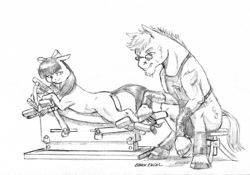 Size: 1500x1048 | Tagged: safe, artist:baron engel, imported from derpibooru, apple bloom, oc, oc:glowing coals, earth pony, pony, farrier, female, horseshoes, male, monochrome, pencil drawing, stallion, story in the source, traditional art