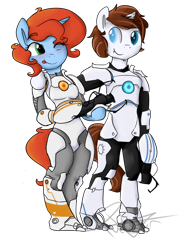Size: 1410x1906 | Tagged: safe, artist:pucksterv, imported from derpibooru, oc, oc only, oc:panic moon, oc:watcher, anthro, pony, unicorn, atlas (portal), clothes, cosplay, costume, p-body (portal), portal, portal (valve), portal 2, portal gun, simple background, transparent background