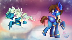 Size: 1024x576 | Tagged: safe, artist:animechristy, imported from derpibooru, sky stinger, vapor trail, oc, pegasus, pony, top bolt, clothes, cloud, commission, kissing, looking back, male, raised hoof, romantic, shipping, smiling, stallion, straight, uniform, vaporsky, watermark, wonderbolts uniform