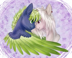 Size: 1268x1024 | Tagged: safe, artist:graypillow, imported from derpibooru, oc, oc only, pegasus, pony, unicorn, ear fluff, ear piercing, eye contact, female, green eyes, hug, looking at each other, male, nuzzling, piercing, purple eyes, shipping, straight, winghug
