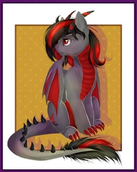 Size: 819x1024 | Tagged: safe, artist:graypillow, imported from derpibooru, oc, oc only, original species, bat wings, claws, hair over one eye, horns, red and black oc, sitting, solo