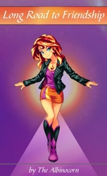 Size: 621x1024 | Tagged: safe, artist:semehammer, edit, imported from derpibooru, sunset shimmer, fanfic:long road to friendship, equestria girls, boots, clothes, fanfic, fanfic art, fanfic cover, female, high heel boots, jacket, leather jacket, looking at you, skirt, solo