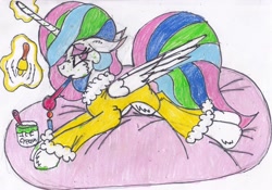 Size: 3027x2117 | Tagged: safe, artist:cuddlelamb, imported from derpibooru, princess celestia, alicorn, pony, bathrobe, bed, bell, candle, clothes, female, floppy ears, food, high res, ice cream, lazy, magic, prone, robe, sick, sicklestia, simple background, solo, spots, telekinesis, thermometer, traditional art, uselesstia, white background