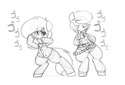 Size: 1280x870 | Tagged: safe, artist:quarantinedchaoz, imported from derpibooru, oc, oc only, pony, belt, bipedal, clothes, lidded eyes, monochrome, necktie, pants, shirt, smiling, suit