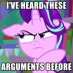 Size: 720x720 | Tagged: safe, edit, edited screencap, imported from derpibooru, screencap, starlight glimmer, the crystalling, caption, cropped, female, floppy ears, image macro, meme, reaction image, solo